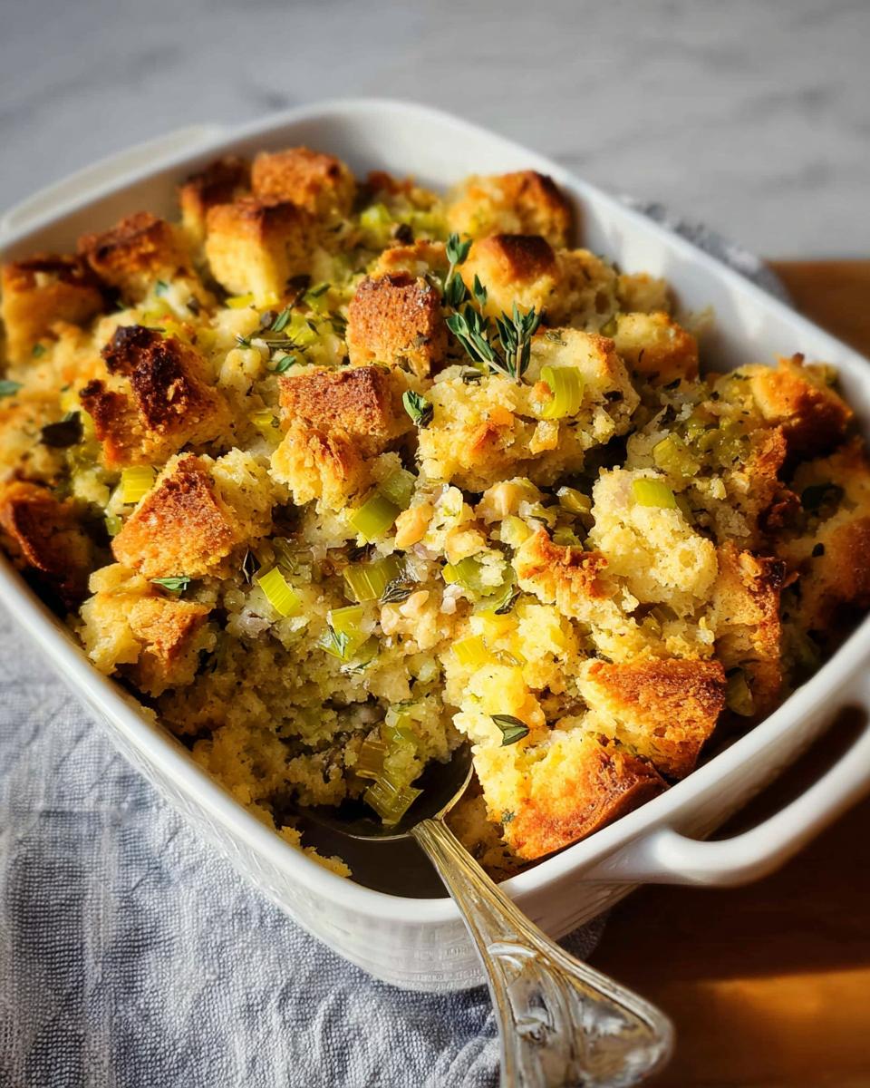 A close-up of a white baking dish filled with golden cornbread stuffing, featuring chunks of cornbread, leeks, and herbs.
