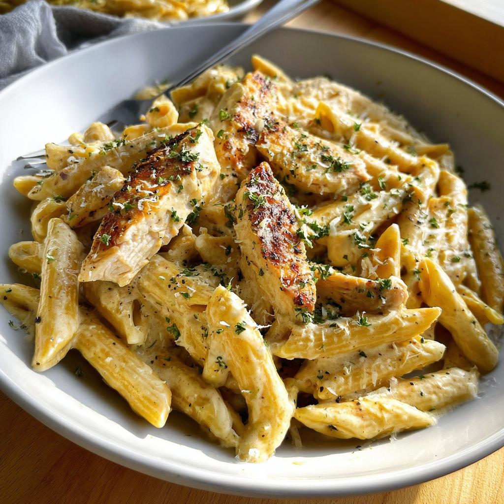 A bowl of creamy garlic parmesan chicken pasta with penne noodles and sliced grilled chicken, garnished with parsley.