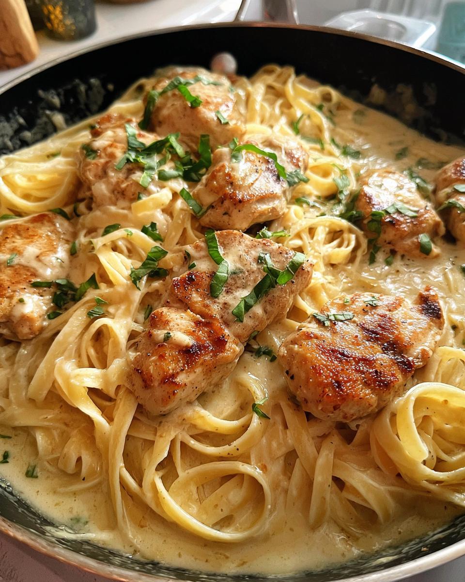 Close-up of creamy garlic parmesan chicken pasta with fettuccine and chopped parsley.