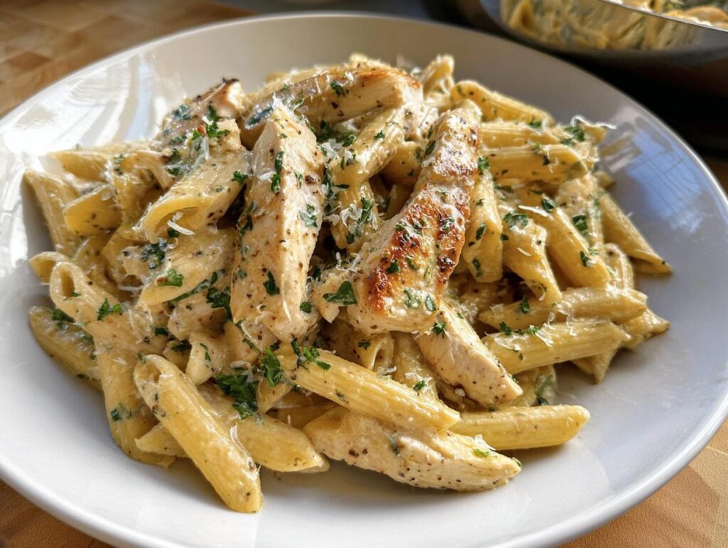 A close-up of creamy garlic parmesan chicken pasta, featuring penne pasta, sliced chicken breast, and fresh parsley.