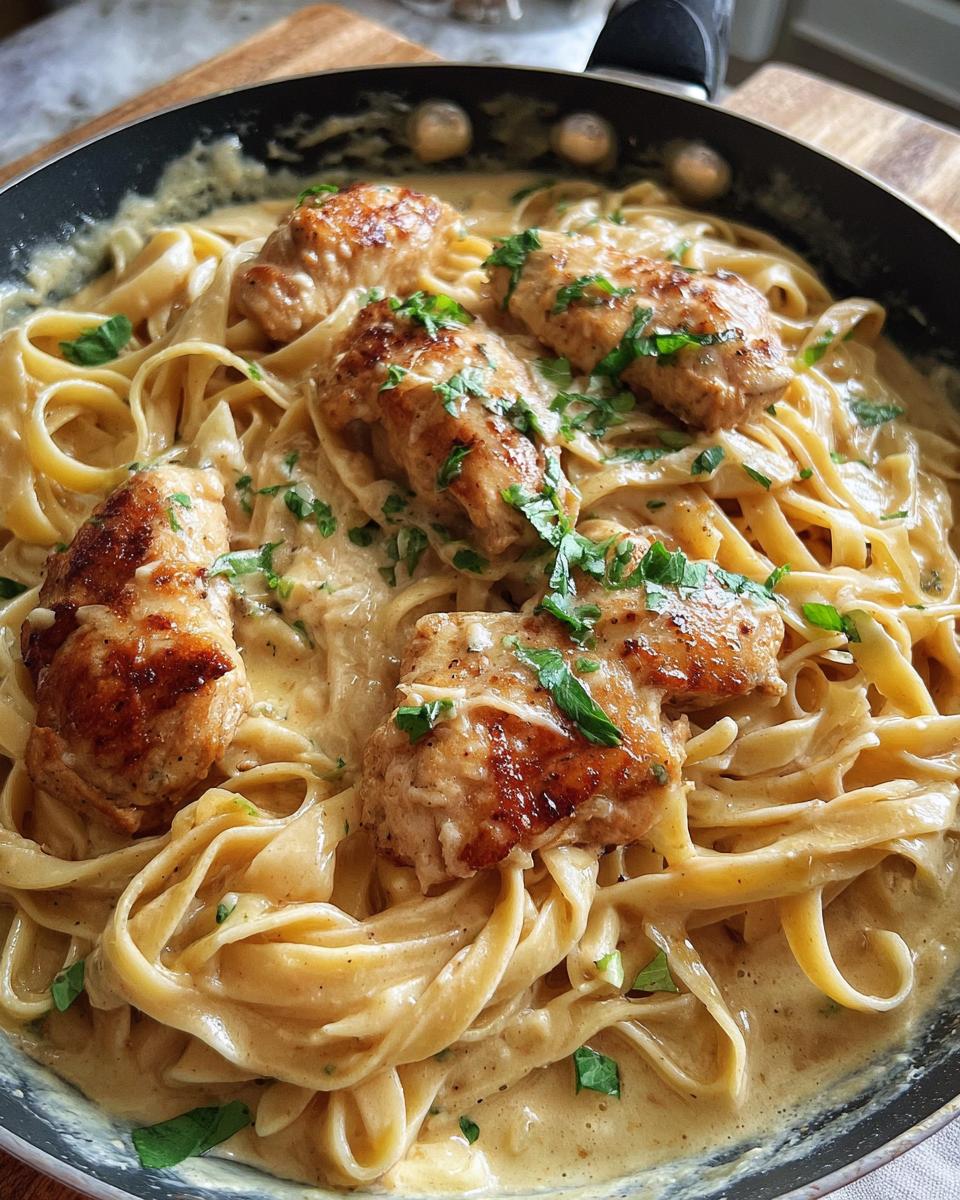 Close-up of creamy garlic parmesan chicken pasta, featuring fettuccine noodles and pan-seared chicken pieces, garnished with parsley.