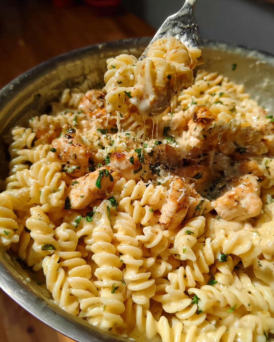 A fork lifting a swirl of fusilli pasta coated in creamy garlic parmesan sauce, topped with bite-sized chicken pieces and parsley.