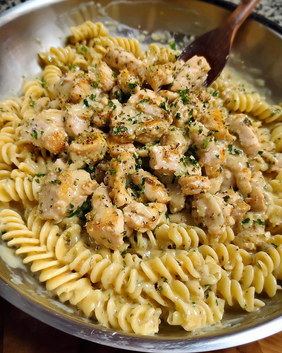 A close-up of creamy garlic parmesan chicken pasta with fusilli noodles and chopped chicken, garnished with parsley.