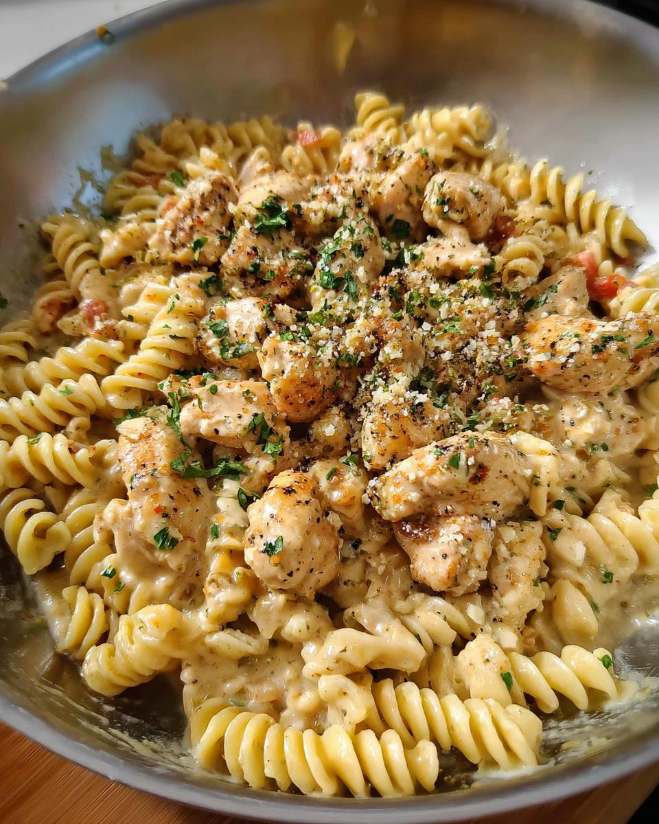 A close-up of creamy garlic parmesan chicken pasta with rotini noodles, topped with parsley and grated cheese.