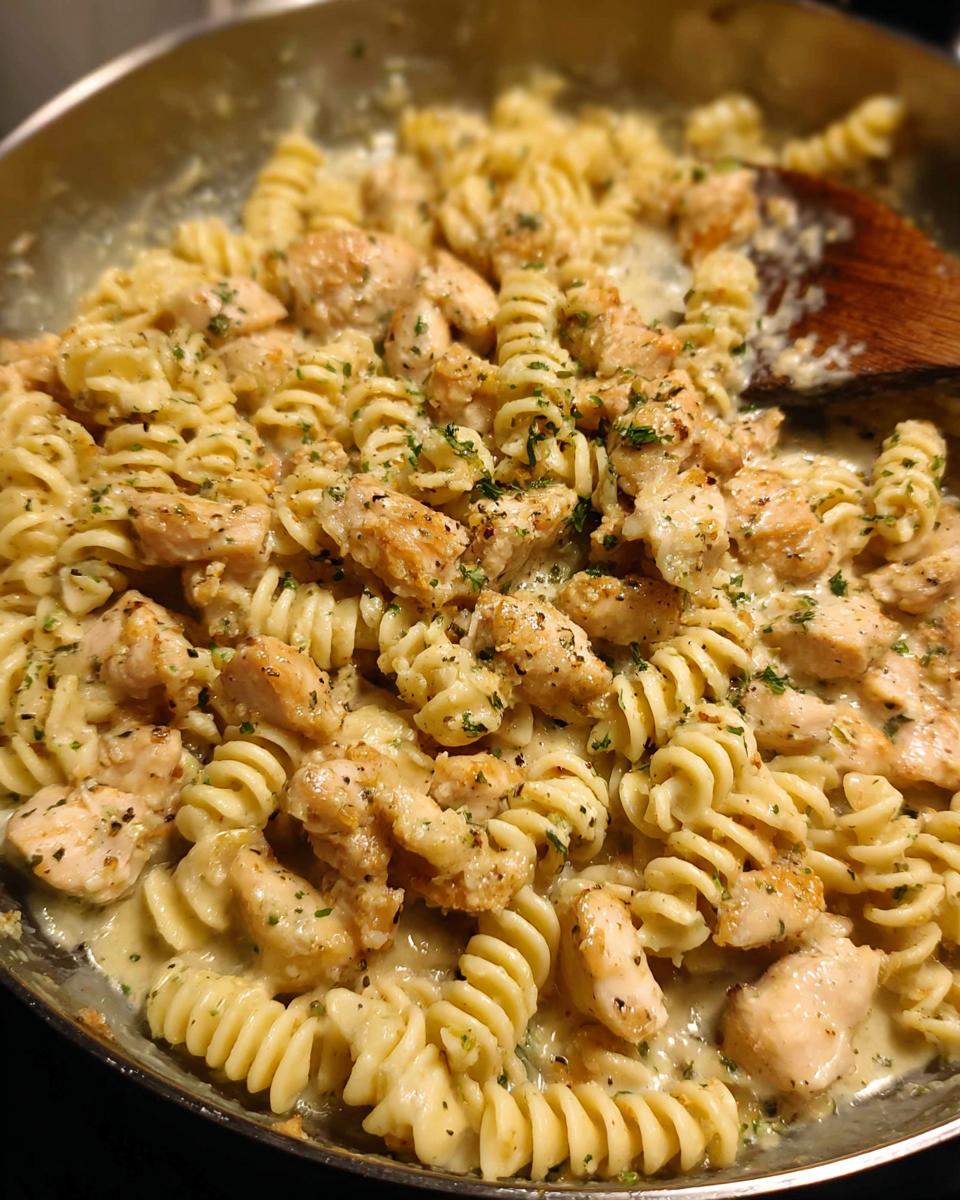 Close-up of creamy garlic parmesan chicken pasta in a pan, featuring fusilli pasta and bite-sized chicken pieces.