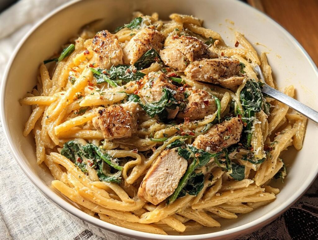 A bowl of creamy garlic parmesan chicken pasta with spinach and chili flakes, a perfect easy dinner recipe.