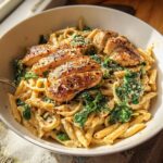 A bowl of creamy garlic parmesan chicken pasta with spinach and sliced chicken breast, perfect for easy dinner recipes.