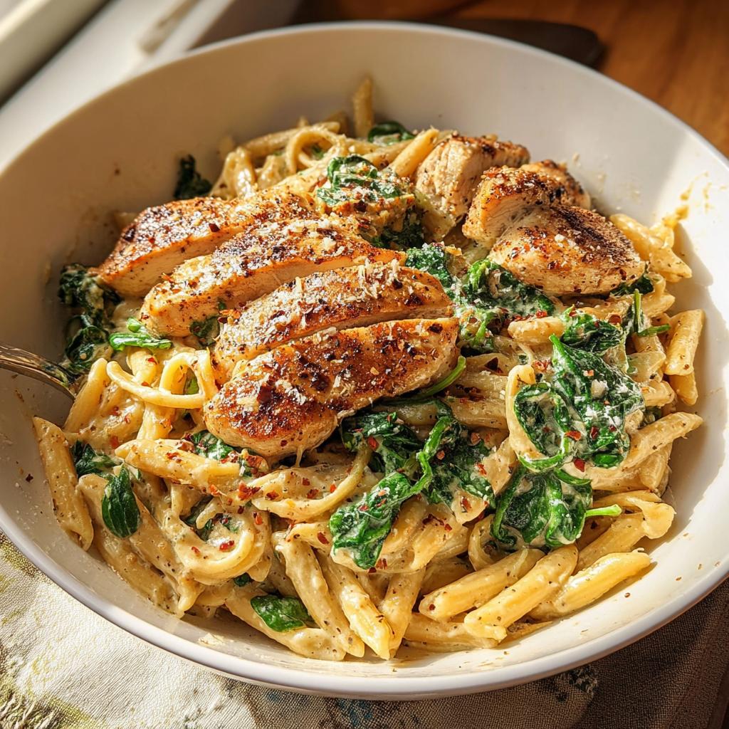 A bowl of creamy garlic parmesan chicken pasta with spinach and sliced chicken breast, perfect for easy dinner recipes.