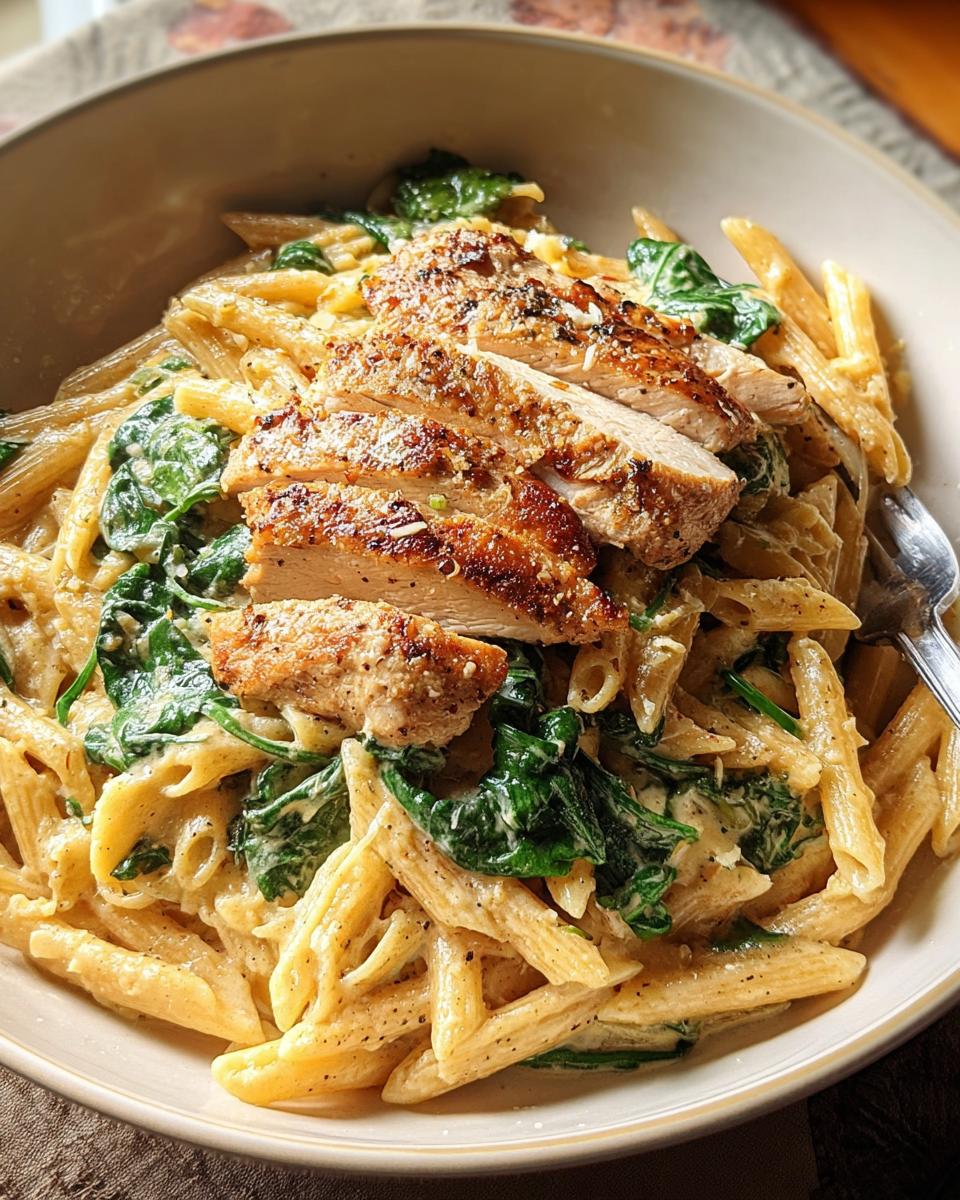 A bowl of creamy garlic parmesan chicken pasta with spinach and sliced chicken breast.