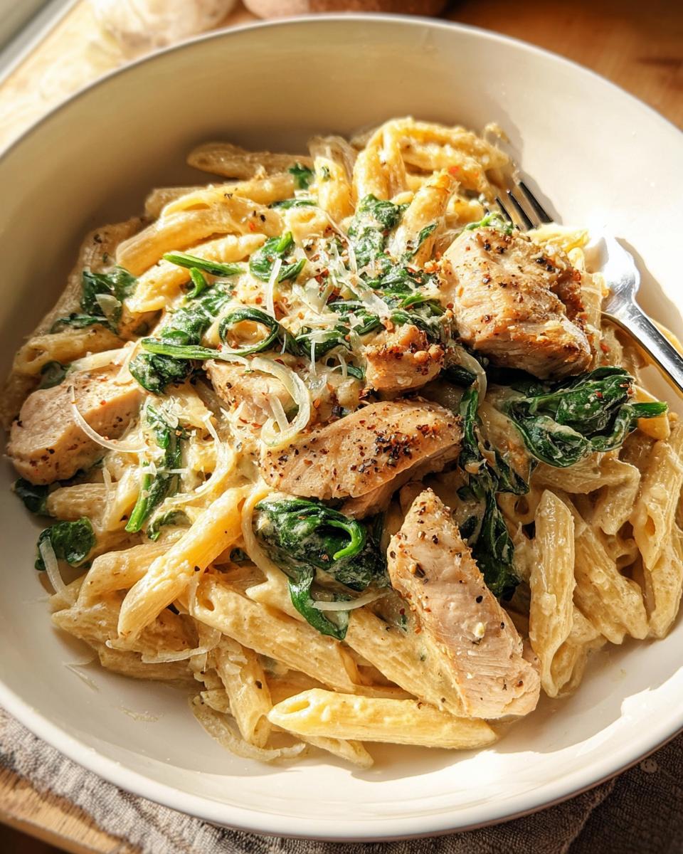 A bowl of creamy garlic parmesan chicken pasta with spinach and penne, a quick and easy dinner recipe.