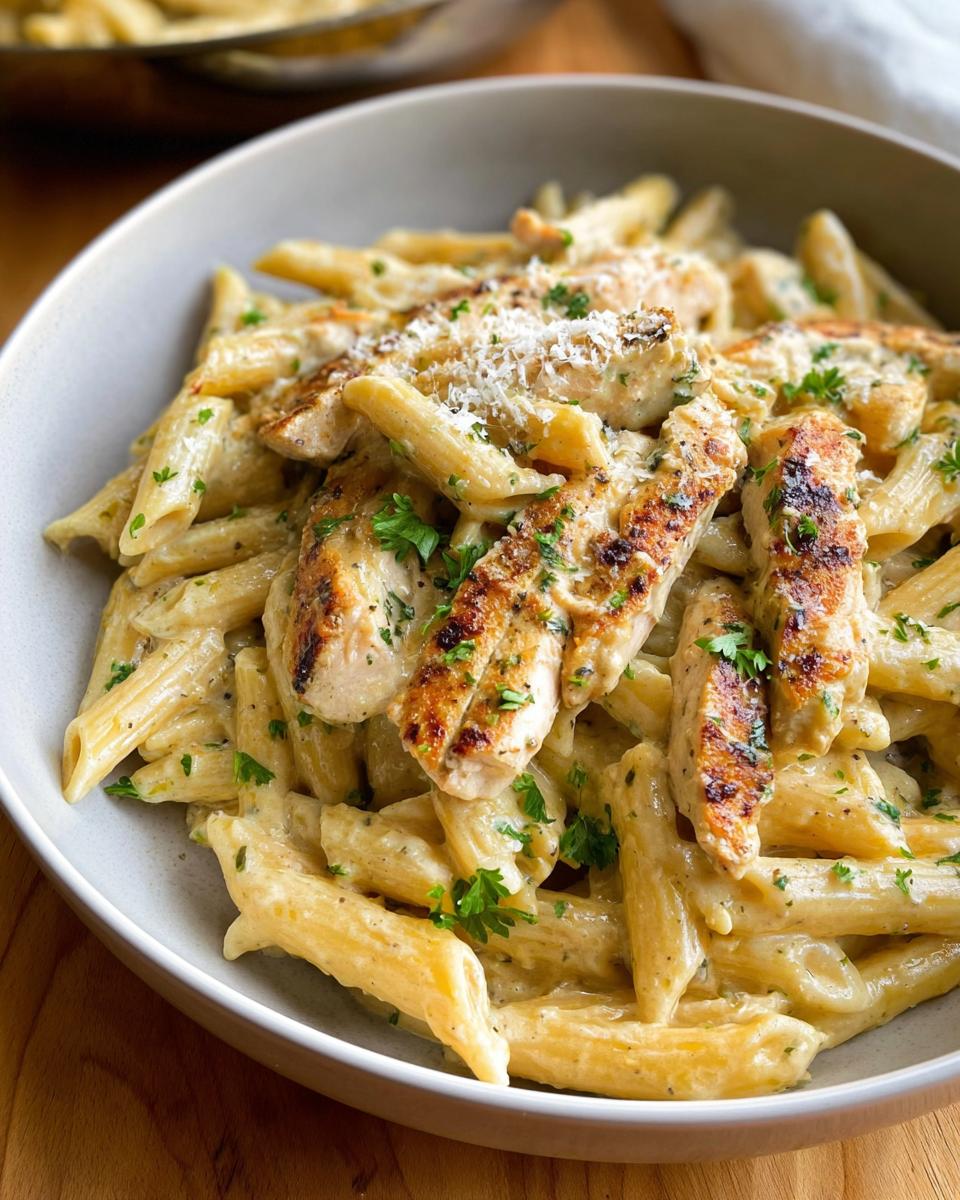 A bowl of creamy garlic parmesan chicken pasta with penne, grilled chicken strips, and parsley.