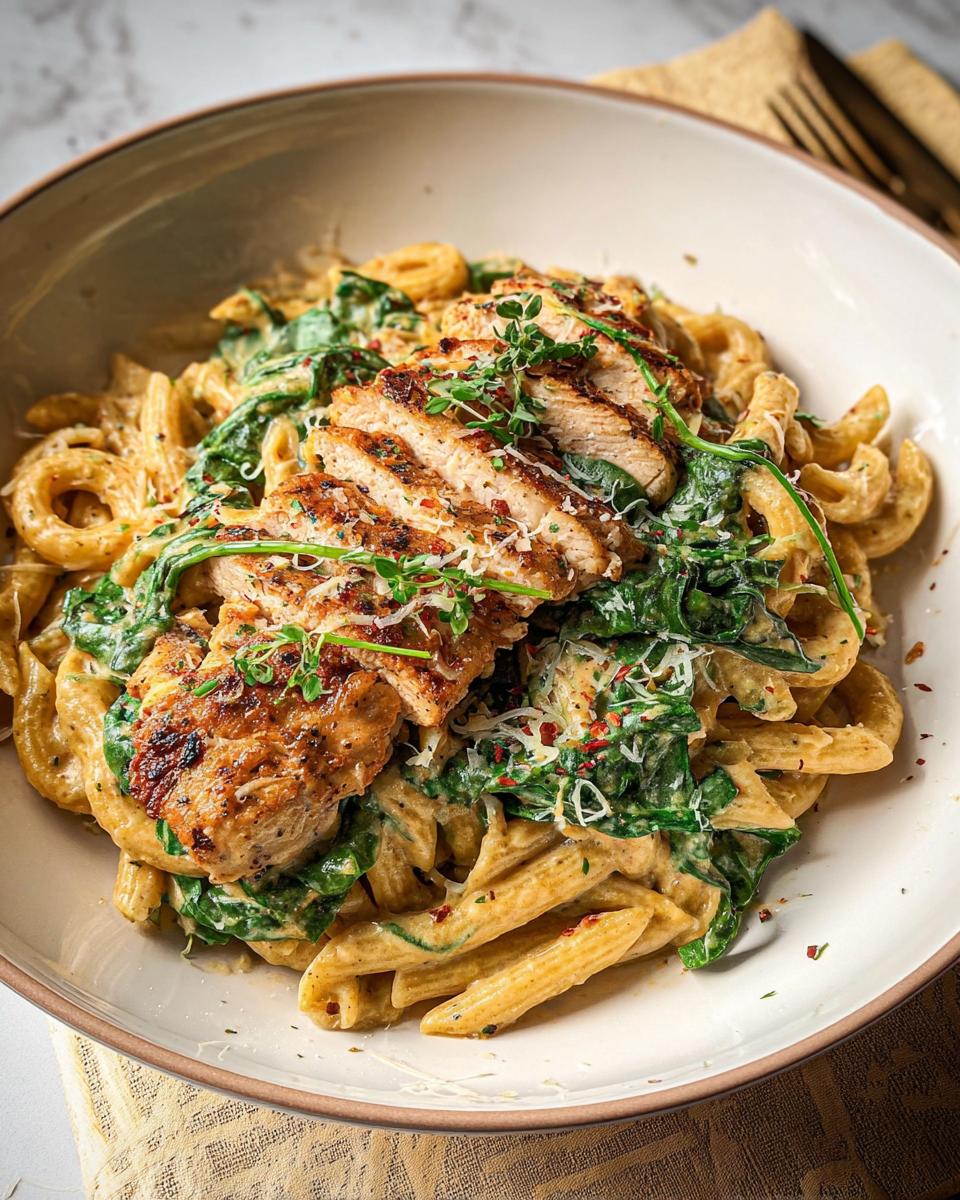 A bowl of creamy garlic parmesan chicken pasta with spinach and sliced grilled chicken breast, topped with fresh herbs.