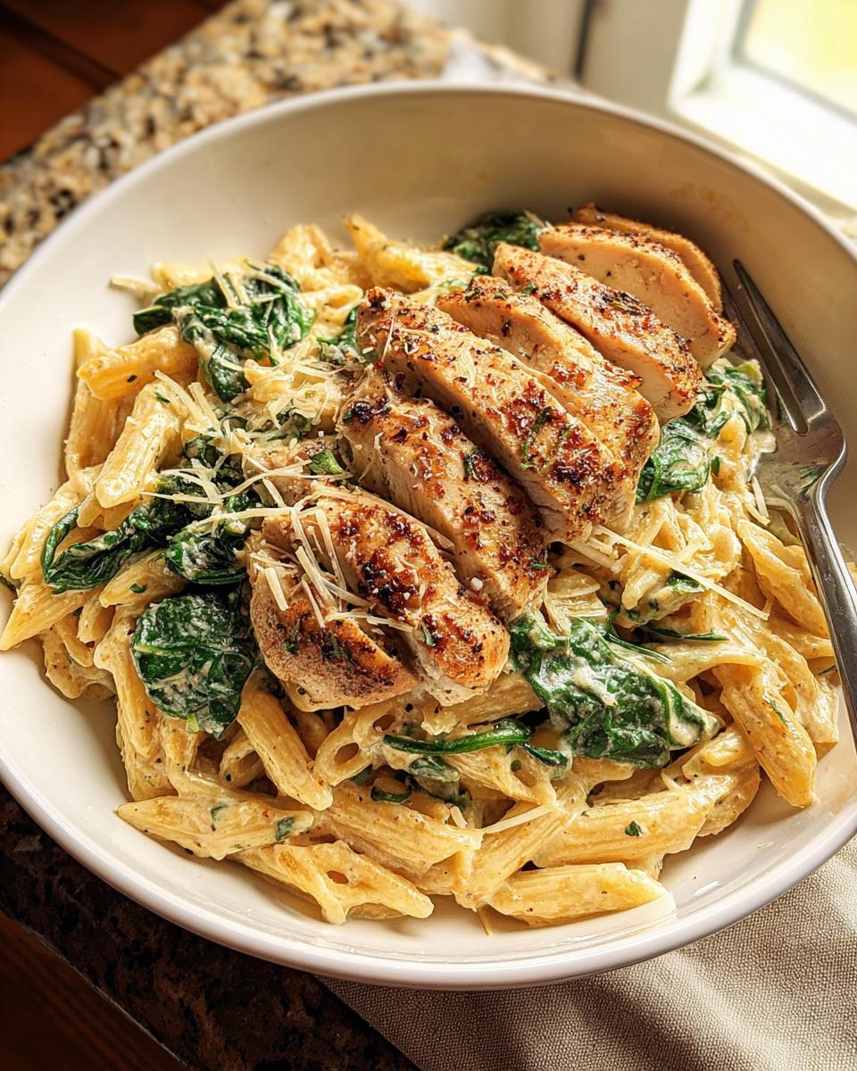 A bowl of creamy garlic parmesan chicken pasta with wilted spinach and sliced grilled chicken breast.