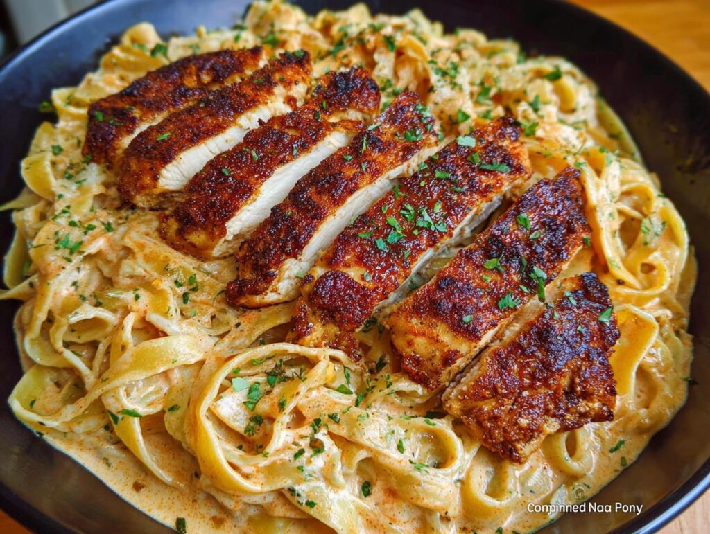 Close-up of creamy garlic parmesan chicken pasta with sliced chicken breast and fresh parsley.