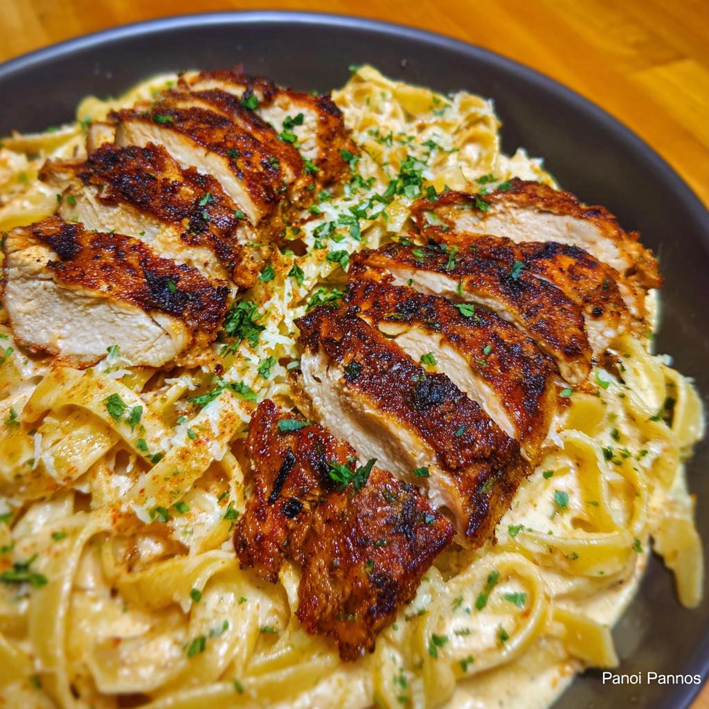 Close-up of creamy garlic parmesan chicken pasta, topped with sliced, seasoned chicken breast and fresh parsley.