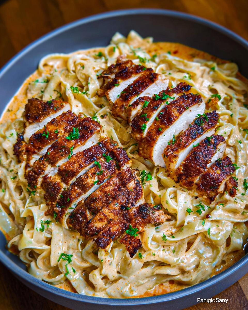 Close-up of creamy garlic parmesan chicken pasta, featuring sliced chicken breast over fettuccine in a rich sauce, garnished with parsley.