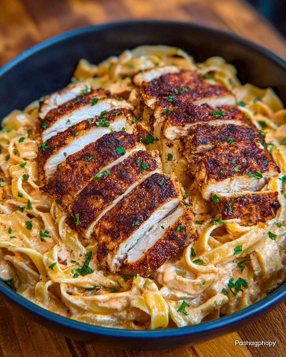Close-up of creamy garlic parmesan chicken pasta, featuring sliced chicken breast over fettuccine in a rich sauce, garnished with parsley.