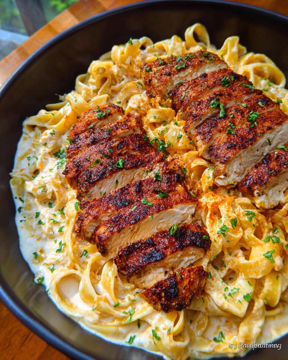 Close-up of creamy garlic parmesan chicken pasta with sliced grilled chicken breast and fresh parsley.