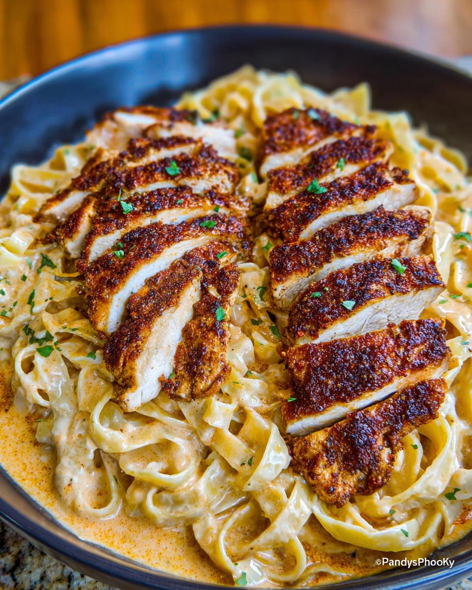 Close-up of creamy garlic parmesan chicken pasta, featuring fettuccine noodles coated in a rich sauce and topped with sliced, seasoned chicken breast.