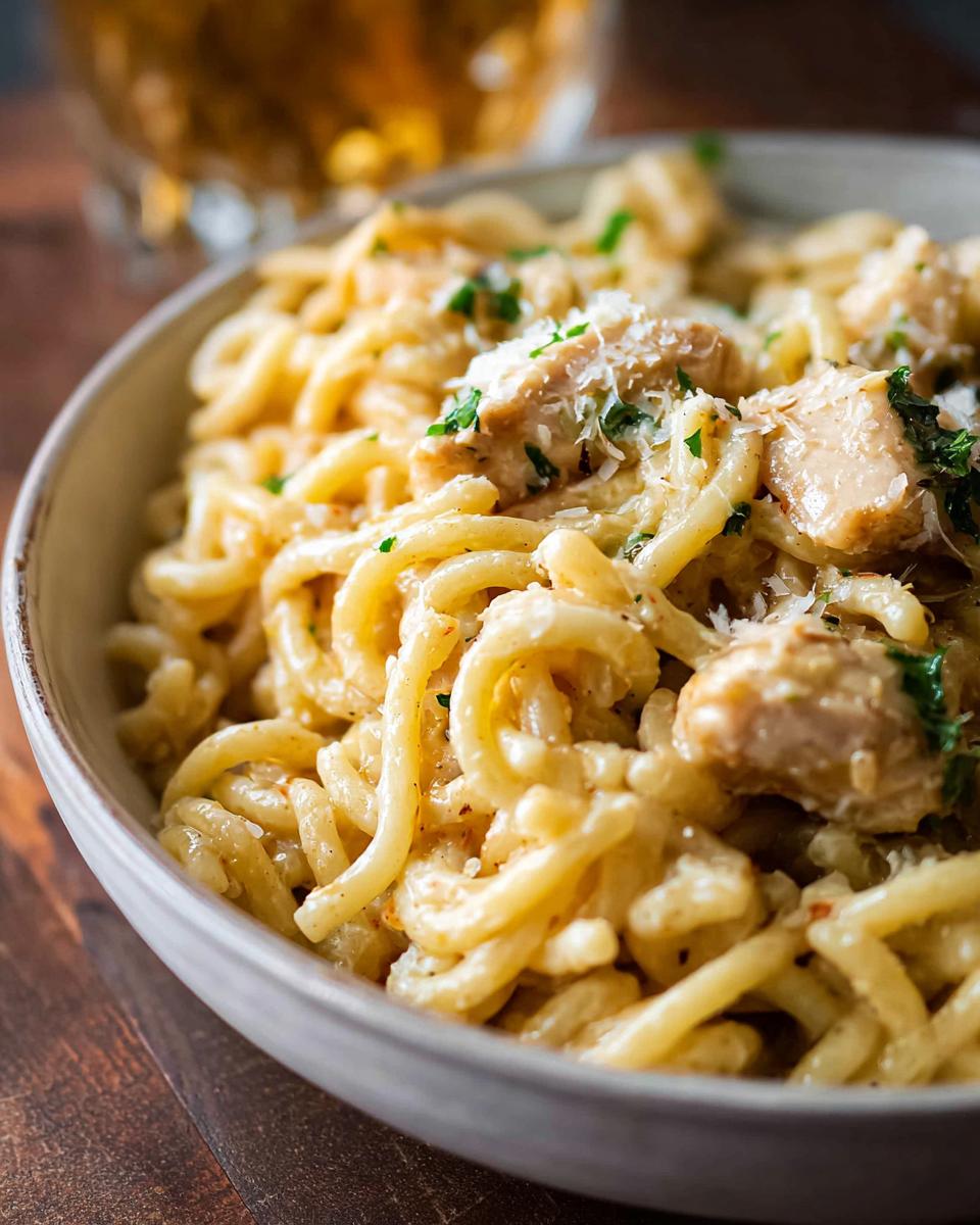 A close-up of creamy garlic parmesan chicken pasta in a bowl, garnished with parsley and grated cheese.