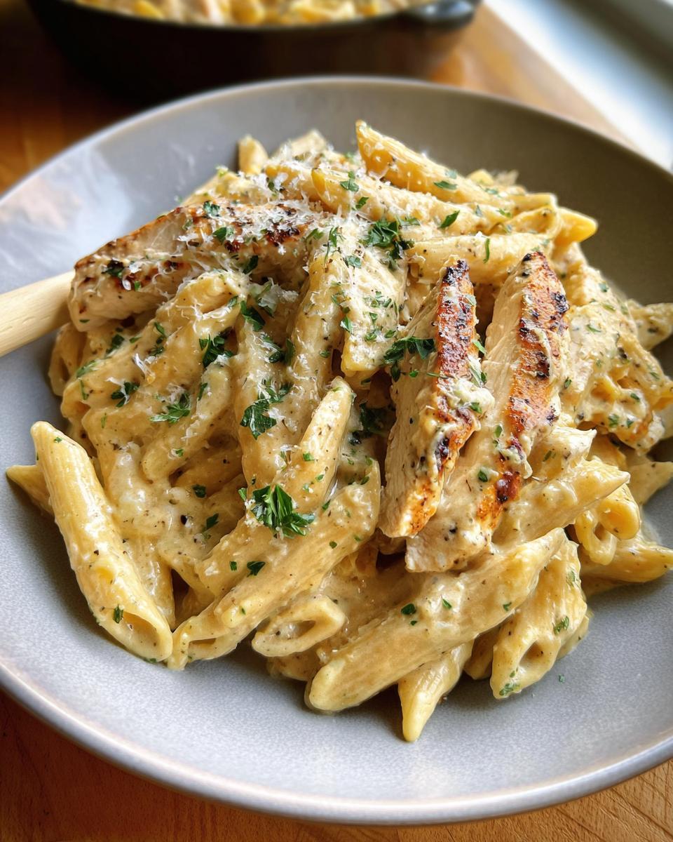 A bowl of creamy garlic parmesan chicken pasta with penne, grilled chicken strips, and parsley.
