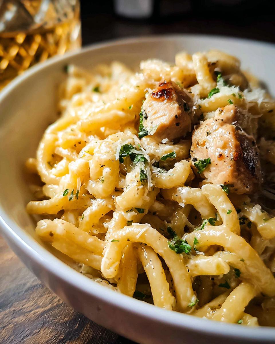 A bowl of creamy garlic parmesan chicken pasta, topped with fresh parsley and grated cheese.