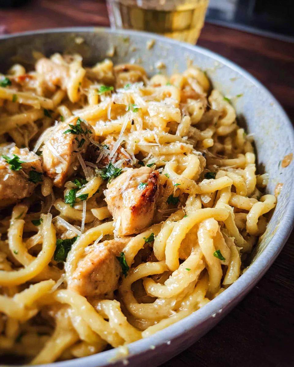 Close-up of creamy garlic parmesan chicken pasta with chopped chicken and parsley.