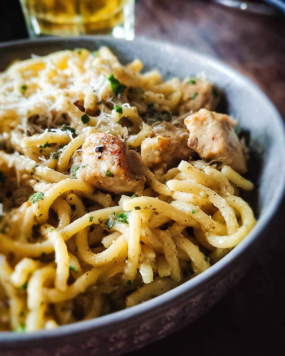 Close-up of creamy garlic parmesan chicken pasta with tender chicken pieces and grated cheese.