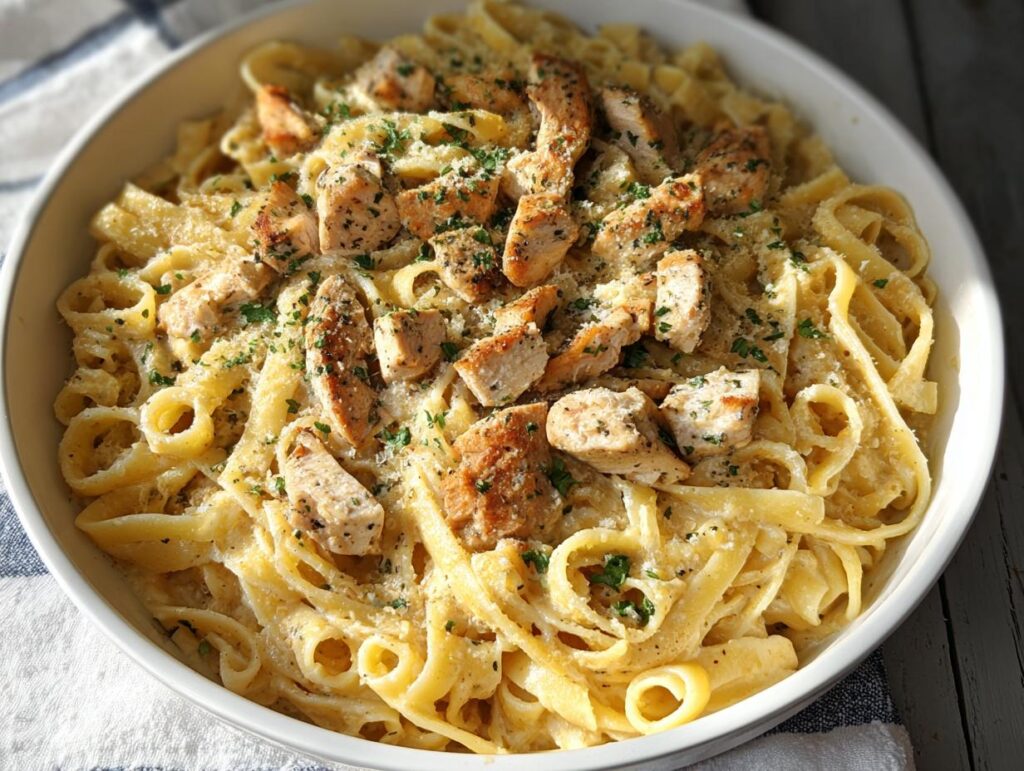 A close-up of a bowl of Creamy Garlic Parmesan Chicken Pasta, featuring fettuccine noodles, grilled chicken pieces, and a rich garlic parmesan sauce.