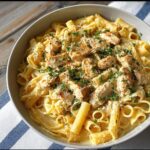 A bowl of creamy garlic parmesan chicken pasta topped with chopped parsley and grated parmesan cheese.