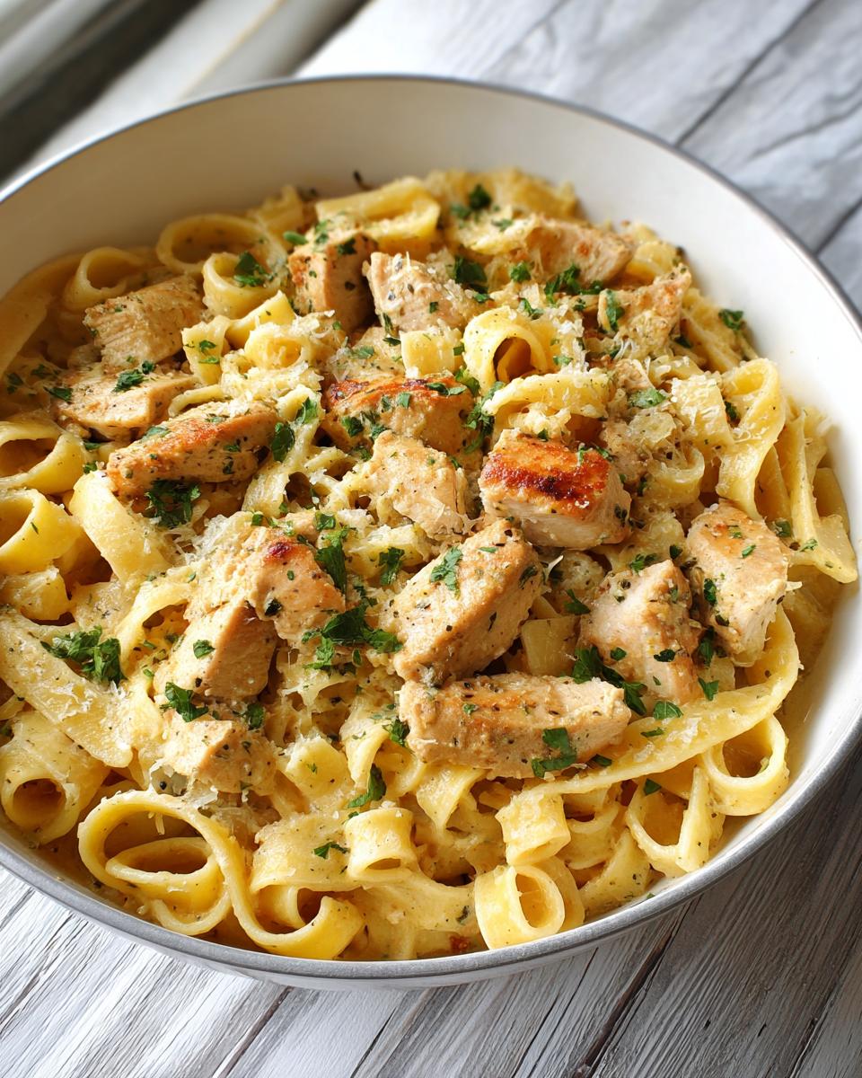 Close-up of Creamy Garlic Parmesan Chicken Pasta with fettuccine noodles, diced chicken, and parsley.