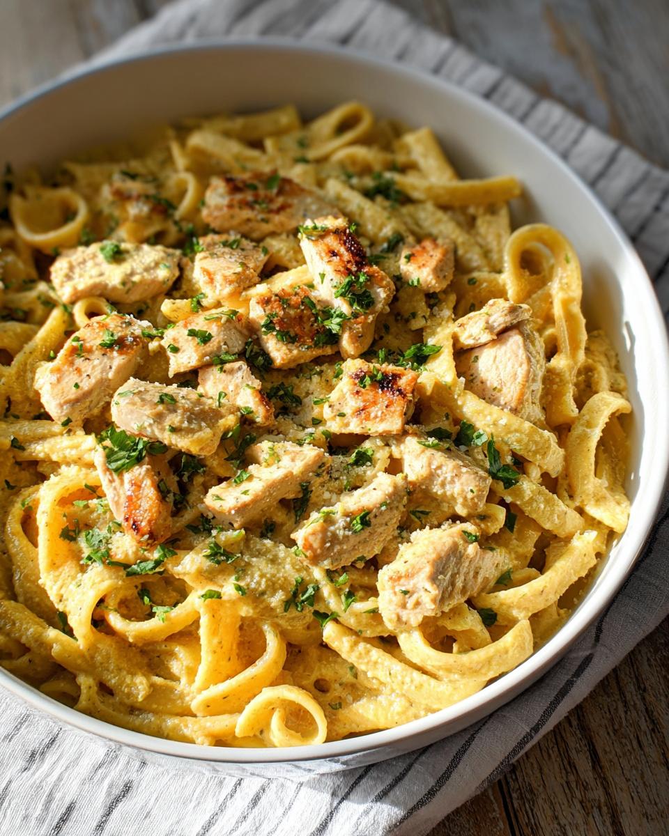 Close-up of Creamy Garlic Parmesan Chicken Pasta topped with chopped chicken and parsley.