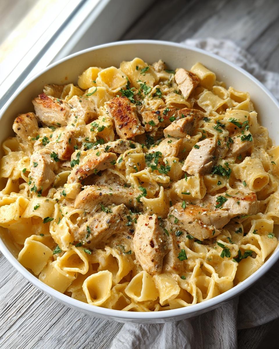 A bowl of creamy garlic parmesan chicken pasta topped with chopped chicken and parsley.