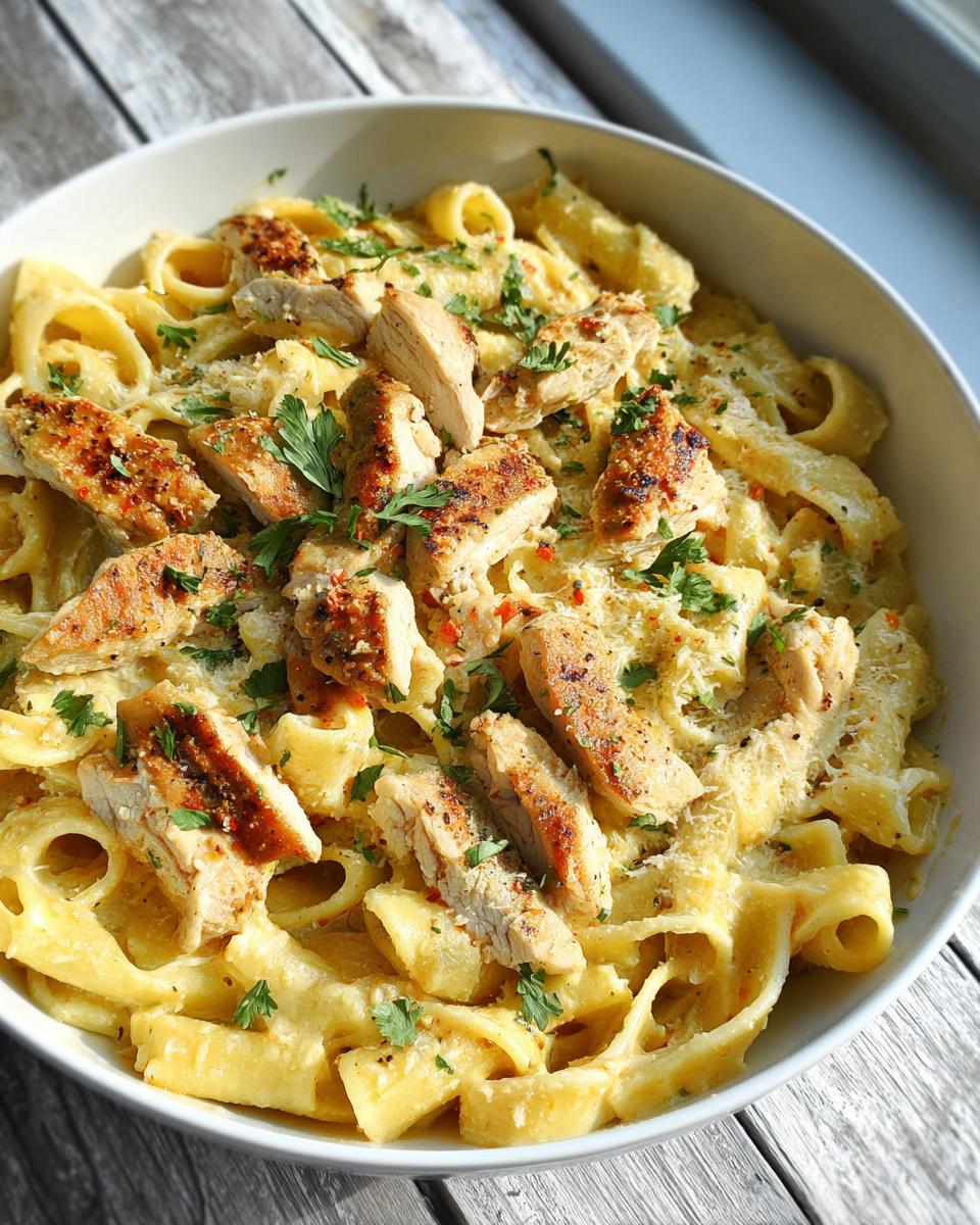A bowl of creamy garlic parmesan chicken pasta topped with sliced chicken and fresh parsley.