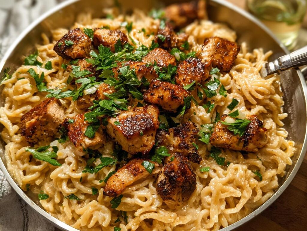 Close-up of creamy garlic parmesan chicken pasta, topped with fresh parsley.
