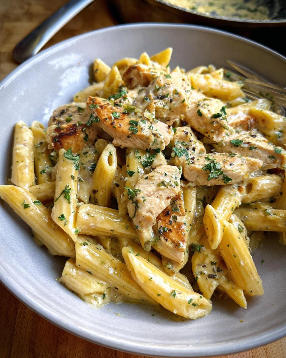 A close-up of creamy garlic parmesan chicken pasta in a bowl, topped with chopped parsley.