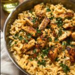 A close-up of creamy garlic parmesan chicken pasta, topped with fresh parsley, in a skillet.