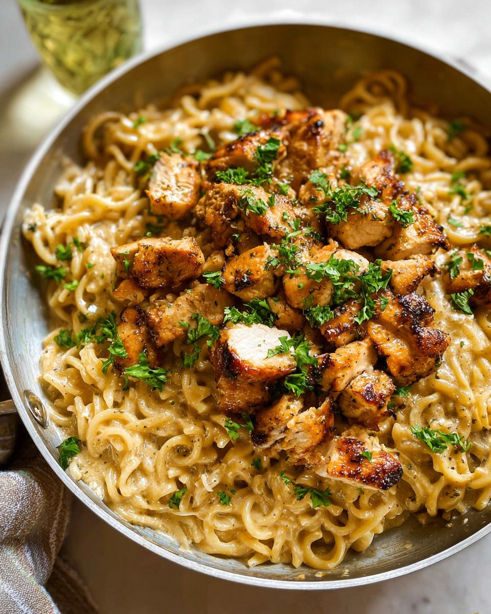 Close-up of creamy garlic parmesan chicken pasta in a skillet, topped with grilled chicken pieces and parsley.