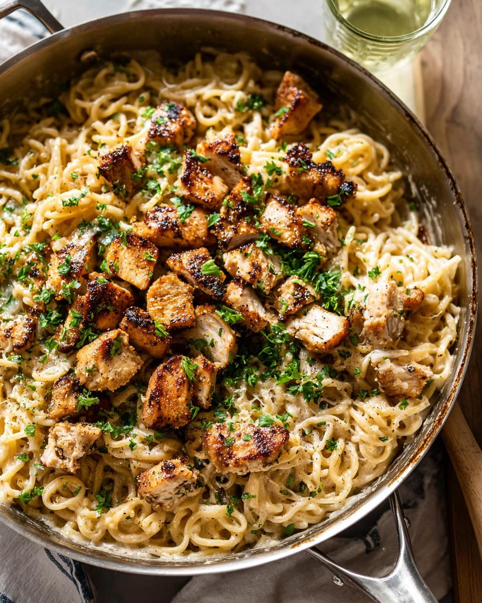 Close-up of creamy garlic parmesan chicken pasta in a skillet, topped with chopped parsley.