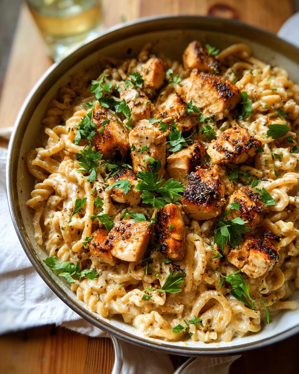 Close-up of creamy garlic parmesan chicken pasta topped with fresh parsley.