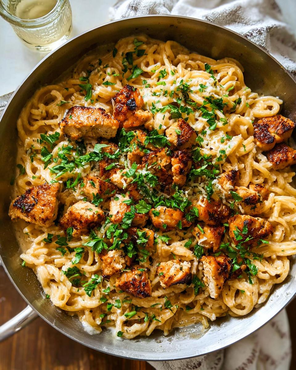 A close-up shot of creamy garlic parmesan chicken pasta, topped with chopped parsley and grated cheese.