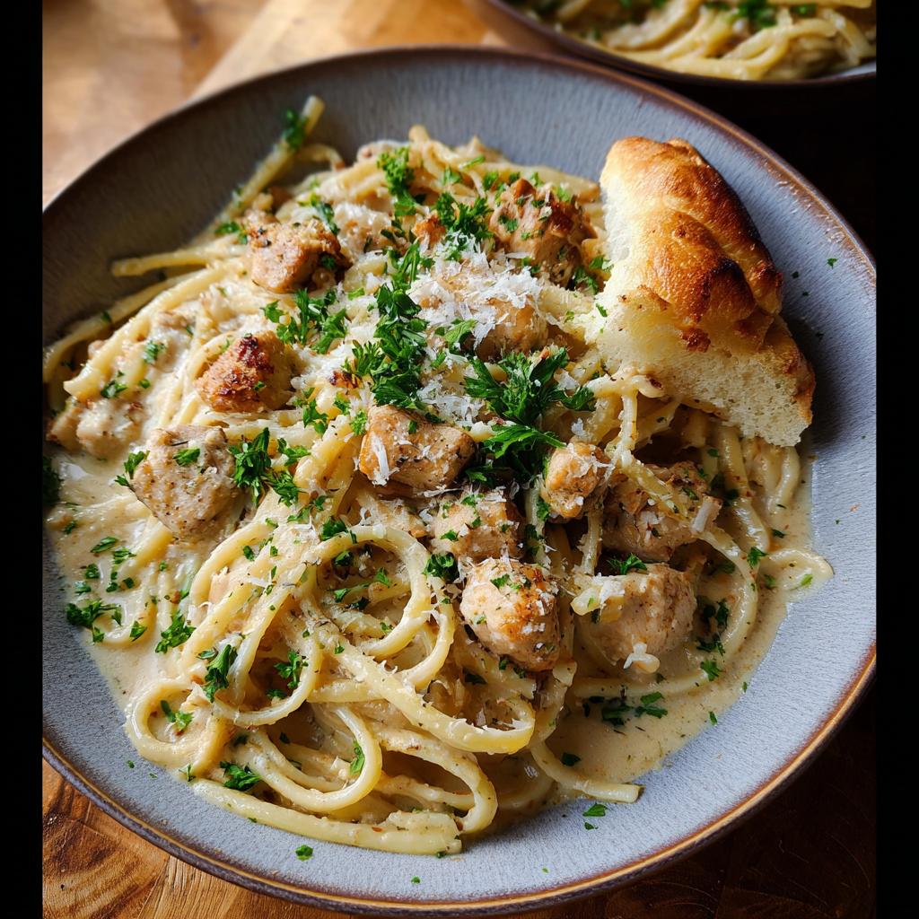 A bowl of creamy garlic parmesan chicken pasta, topped with fresh parsley and grated cheese, served with a slice of crusty bread.
