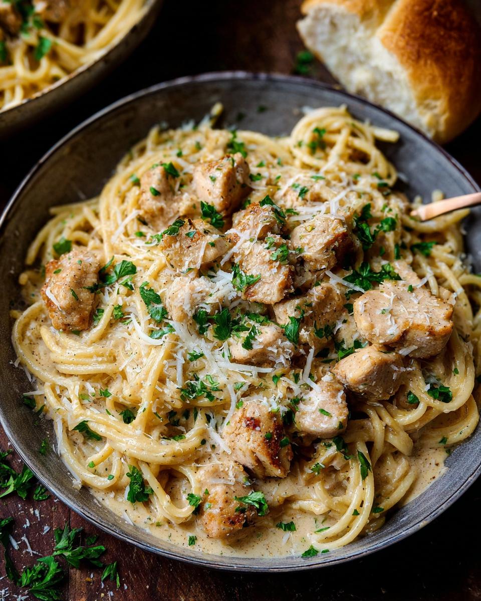 A close-up of a bowl of creamy garlic parmesan chicken pasta, topped with shredded cheese and parsley.