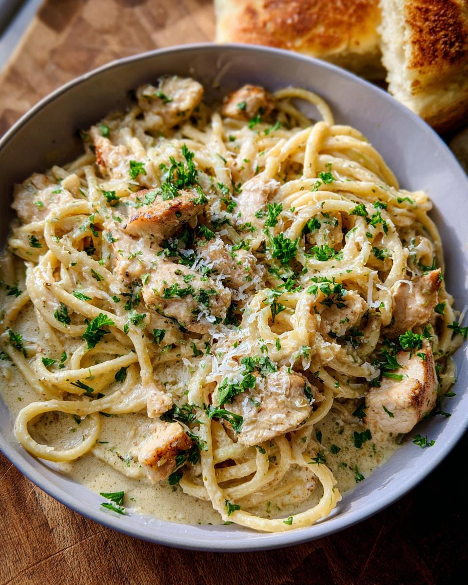 Close-up of Creamy Garlic Parmesan Chicken Pasta in a bowl, garnished with parsley and Parmesan cheese.