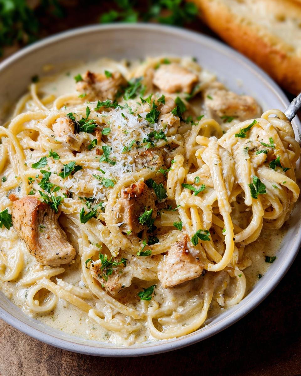 A close-up of creamy garlic parmesan chicken pasta, garnished with fresh parsley and grated cheese.