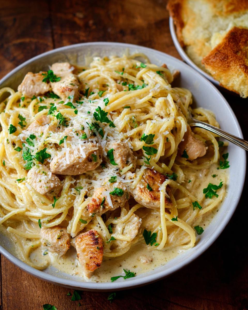 A bowl of creamy garlic parmesan chicken pasta topped with fresh parsley and grated cheese.