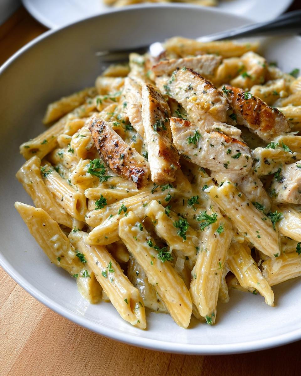 A close-up of creamy garlic parmesan chicken pasta with penne noodles and sliced grilled chicken, garnished with parsley.
