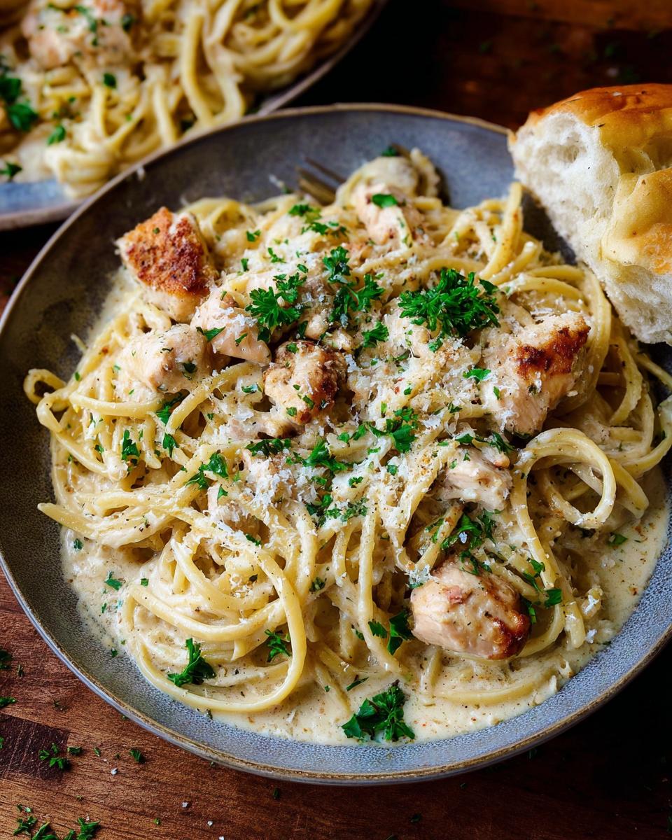A close-up of creamy garlic parmesan chicken pasta, topped with chopped chicken, parsley, and grated cheese.