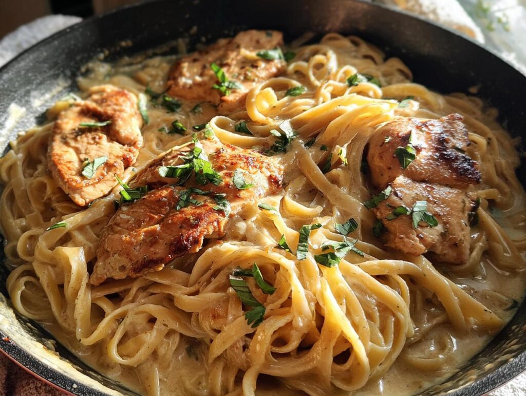 Close-up of creamy garlic parmesan chicken pasta with fettuccine and sliced chicken breast, garnished with fresh parsley.