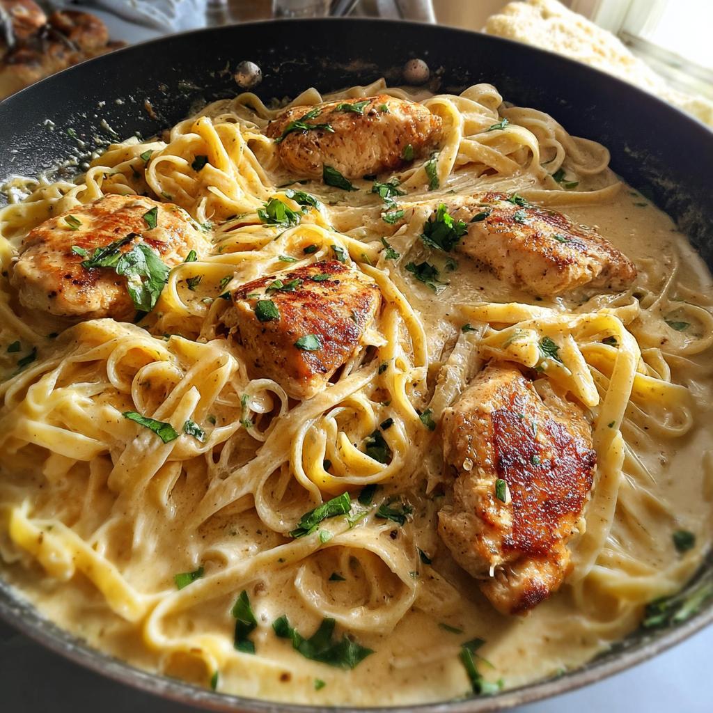 Close-up of creamy garlic parmesan chicken pasta in a skillet, garnished with parsley.